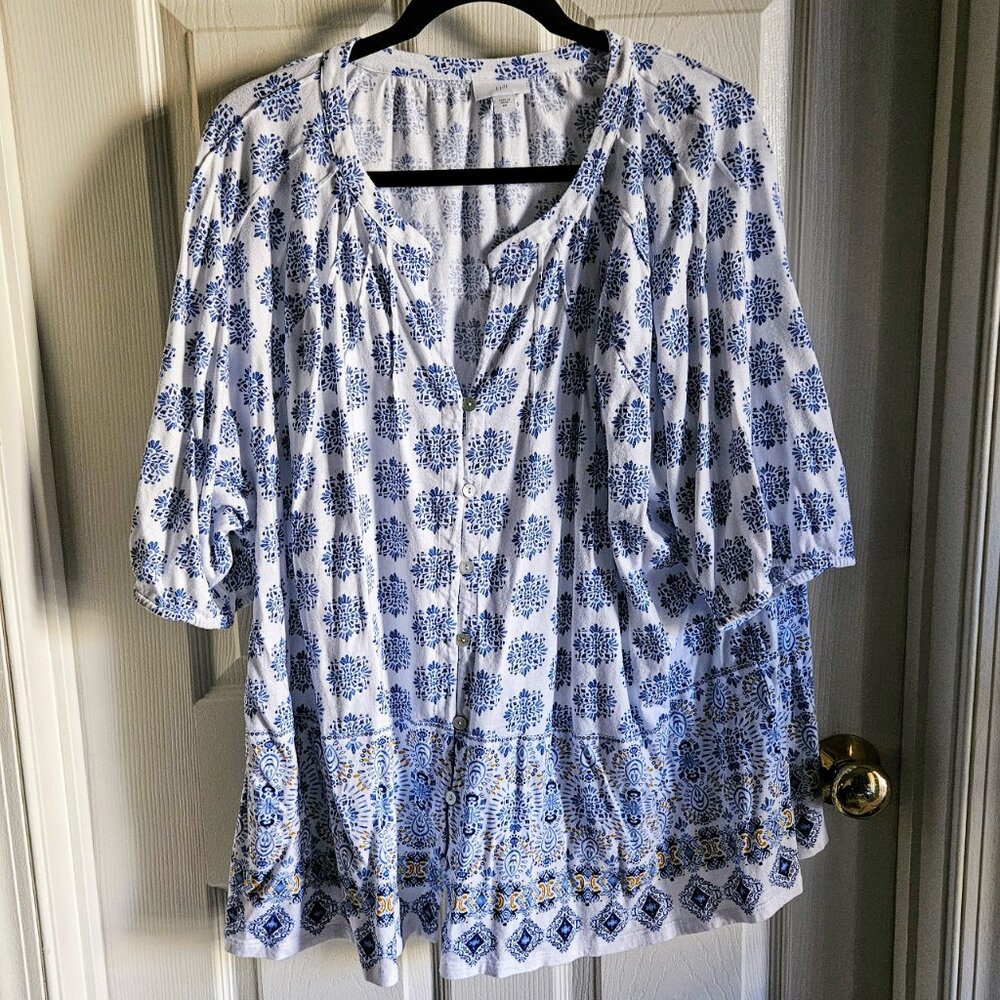 J. Jill Floral Blue-and-White Knit Boho Top Plus 4X